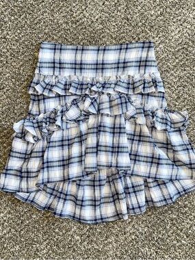 Max Studio Blue and White Plaid Asymmetrical Ruffle Skirt